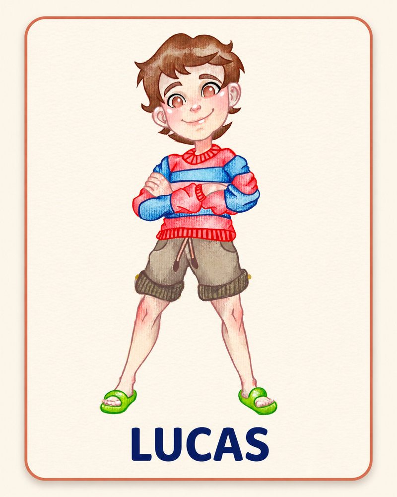 Ilustração do personagem Lucas, menino de blusa listrada e bermuda